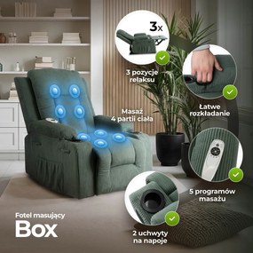 Fotel Masujący BOX Rozkładany Wypoczynkowy z Podnóżkiem Zielony Sztruksowy Nowoczesny
