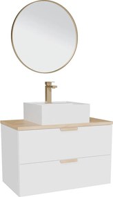 Wisząca szafka łazienkowa z umywalką wpuszczaną w blat kwadratową, baterią i lustrem – Biała – S80 cm – AVORELI