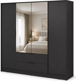 Szafa z lustrem Tetrix 206 cm uchylna nowoczesna 4 drzwi 2 szuflady pojemna do sypialni przedpokoju