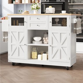 Biały wózek kuchenny z drewnianym blatem, wieszakiem na ręczniki i regulowanymi półkami