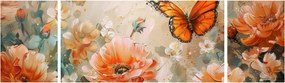 Obraz - Motyl i kwiaty, obraz olejny (170x50 cm)