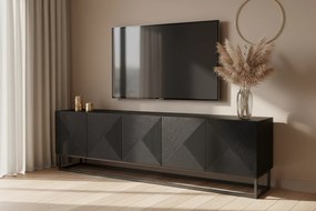 Szafka RTV Asha 200 cm z ryflowanym frontem i metalowym stelażem - czarny mat