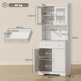 HOMCOM Szafka kuchenna z blatem roboczym, uchwytem na kieliszki do wina, szafka magazynowa do kuchni, jadalni, 170 cm, MDF, szkło, biały | Aosom PL