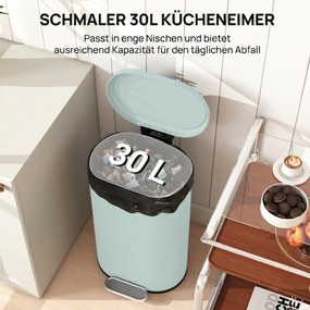 HOMCOM Kosz na śmieci kuchenny 30 l kosz na pedał z pokrywą soft-close, metalowy pedał, zielony, 36,5 x 31 x 61 cm | Aosom PL
