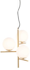 Lampa wisząca w stylu art deco złota z opalowym szkłem 3-punktowa - FloreDesignerski Oswietlenie wewnetrzne