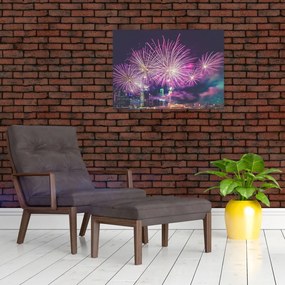 Obraz nocnego miasta z fajerwerkami (70x50 cm)