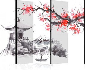 Parawan pokojowy 5-częściowy 225x172 Dwustronny dekoracyjny japandi Szary Pejzaż Z Pagodą