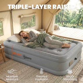 Outsunny Materac Dmuchany 1-osobowy Samopompujący Łóżko z Wbudowaną Elektryczną Pompką w 3 Minuty Flokowana Powierzchnia | Aosom PL