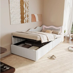 Sofa dziecięca z funkcją spania 90×200 cm ze schowkiem i kolorowymi diodami LED – biały plusz