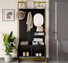 Zestaw na ubrania do przedpokoju 78x38,5x180,5 cm - z lustrem i wieszakami - Szafa na buty - z półkami - Czarny