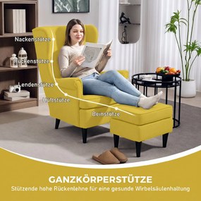 HOMCOM Fotel uszak z podnóżkiem, fotel tapicerowany z nogami z drewna kauczukowego, obicie materiałowe, żółty | Aosom PL