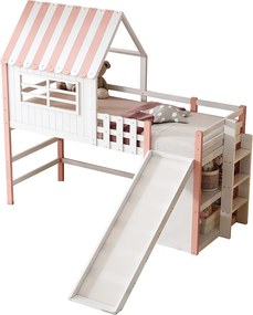Łóżko piętrowe dla dzieci - 90 x 200 cm - z drabinką + zjeżdżalnią + półką - drewniane - różowe
