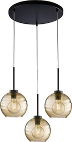 Ankara lampa wisząca 3 światła, czarne lakierowane żelazo, bursztynowe szkło dmuchane, regulowane kable, nowoczesna