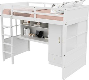 Łóżko mezzanine 90x200 cm - z drabinką - z biurkiem - z szafą - 2 szuflady - biały (materac nie jest w zestawie)
