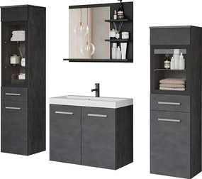 Komplet łazienkowy, wiszące meble z umywalką, 2 słupki i lustro z półkami, matera mat