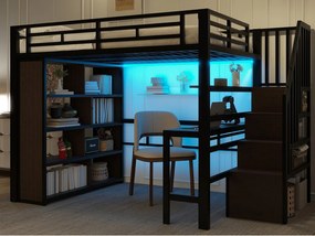 Łóżko na antresoli 140x200 cm - z biurkiem + przegródkami do przechowywania - z taśmą LED - z drabiną - Czarny (materac nie jest wliczony w cenę)