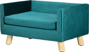 PawHut Sofa dla psa łóżko dla psa kanapa z weluru z oparciem, nogi drewniane, poduszka, do 8 kg 64 x 45 x 36 cm Niebieski | Aosom PL