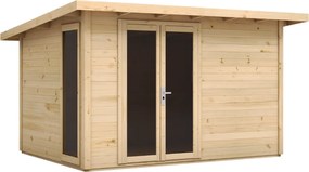 DREWNIANY DOMEK 344,4 x 244,4 cm NARZĘDZIOWY OGRODOWY KARMNIK ZE ŚWIERKU – SCHOWEK NA NARZĘDZIA Z PRZESZKLONYMI DRZWIAMI