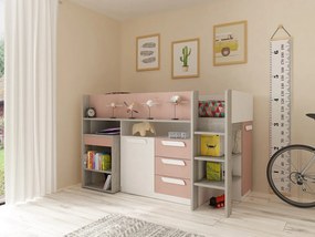 Łóżko na antresoli 90 x 200 cm - Z biurkiem i ze skrzynią  - Różowy, naturalne drewno i biały - LOUKALA