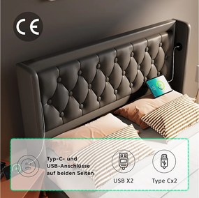 Łóżko tapicerowane podwójne ze schowkiem - 160 x 200 cm - Materac + Leds + Zagłówek z USB - Skóra PU - Czarny