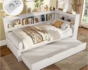 Sofa rozkładana 90x200 cm - z łóżkiem wysuwanym - z gniazdkiem + 2 USB - z listwowym stelażem - biały (materac nie jest w zestawie)