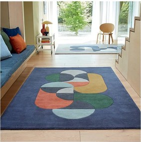 Dywan geometryczny, ręcznie robiony, 100% wełna - 160x230cm - niebieski, zielony, kremowy, pomarańczowy, złoty - Matrix Statement