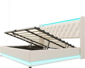 Łóżko z pojemnikiem 180x200 cm, łóżko podwójne z oświetleniem LED i portem USB typu C - białe PU (bez materaca)
