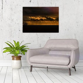 Obraz na szkle - żaglówka o zachodzie słońca (70x50 cm)