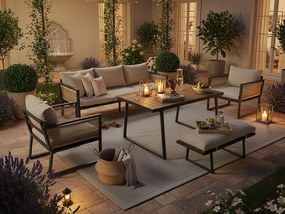 Zestaw mebli ogrodowych na 6 osób - z lekkiej ocynkowanej stali - z liny - kanapa - 2 fotele i stolik kawowy - z jadalnią - 1 stołek - beżowy