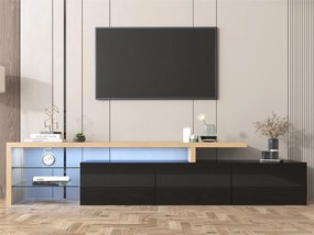 Meble TV 200 cm - 3 drzwi i 2 przegrody szklane - styl nowoczesny - Czarny i Naturalny