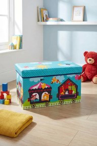 Niebieska składana pufa dziecięca ze schowkiem pociąg M8-P44