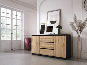 Komoda: Czarny Mat / Dąb Wotan, 140 x 78 x 39 cm, 3 szuflady, 2 drzwi