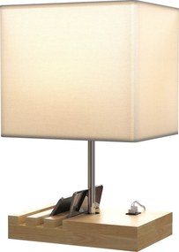 HOMCOM Lampka nocna, złącza USB, drewno, tkanina, przełącznik kołyskowy, przegródki, biały