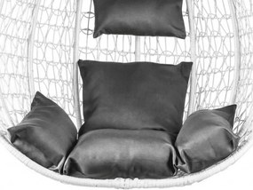 Białe wiszące krzesło KOKON ze stojakiem, szara poduszka