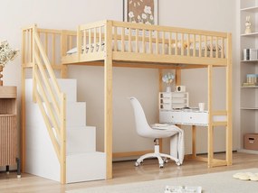 Łóżko mezzanine 90x200cm z drewna - z biurkiem i schodami do przechowywania - Naturalne i Białe
