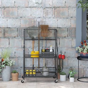 Outsunny Organizer Narzędzi Ogrodowych 3-poziomowy Stojak na Narzędzia Ogrodowe z Hakami do 40 kg 77x40x97cm Czarny