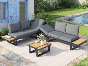 Zestaw mebli ogrodowych - 6 miejsc - ze stali ocynkowanej - narożna sofa - z stolikiem kawowym - blatem z drewna plastikowego - Szary