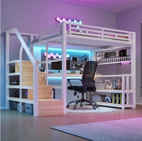 Łóżko piętrowe dla dzieci - 140 x 200 cm - rama żeliwna - z półką + diody LED + biurko + drabinka + port USB - metalowe - białe