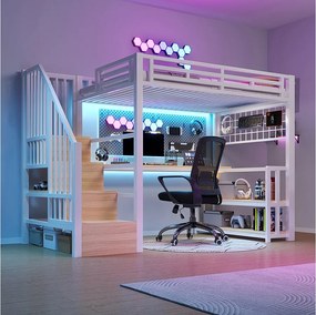 Łóżko piętrowe dla dzieci - 90 x 200 cm - rama żeliwna - z półką + diody LED + biurko + schody do przechowywania + USB - metalowe - białe