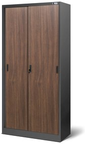 Biurowa szafa metalowa z drzwiami przesuwnymi KUBA, 900 x 1850 x 400 mm, Eco Design: antracytowa/ orzech