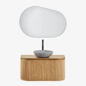 Zestaw Mebli Łazienkowych Z Drewna Mango Analis Naturalna & Okrągły Szary Cement Ø40 Cm Tarsis & Owalna Lampa Led I Przeciwmgielna - Sklum