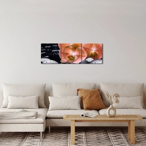 Obraz - Pomarańczowa orchidea z liśćmi palmy (z zegarem) (90x30 cm)