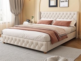 Łóżko dwuosobowe tapicerowane lnem - 160x200 cm - z stelażem na listwach - Beżowe
