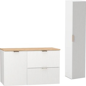 Biały Zestaw do Łazienki 100cm Szafka pod Umywalkę Blat Szafka z Koszem Słupek Ryflowane Fronty