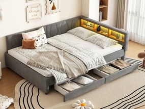 Kanapa rozkładana 140x200 cm - z 2 szufladami - z portami USB + Type C - z oświetleniem LED - szary (materac nie jest w zestawie)
