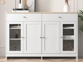 Komoda niska z 4 drzwiami i 3 szufladami - drewno MDF i szkło - do kuchni lub salonu - kolor biały i dębowy