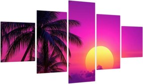 Obraz - Fioletowy zachód słońca z palmą (125x70 cm)