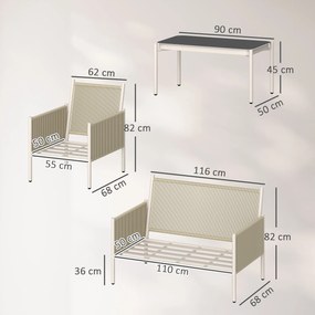 Kompletny Zestaw Mebli Ogrodowych z Polirotangu Outsunny z Sofą 2-osobową, Fotelami, Stolikiem, Poduszkami, dla 4 Osób, Brąz+Szary