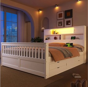Rama łóżka platformowego - 160 x 200 cm - z półkami + zagłówek ze schowkiem + diody LED + USB + 4 szuflady - płyta MDF - biała