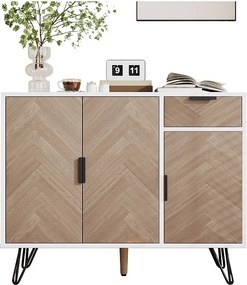 Komoda z 3 drzwiami i 1 szufladą - 90 x 30 x 71,5 cm - regulowane półki - MDF i płyta wiórowa - biały i drewno